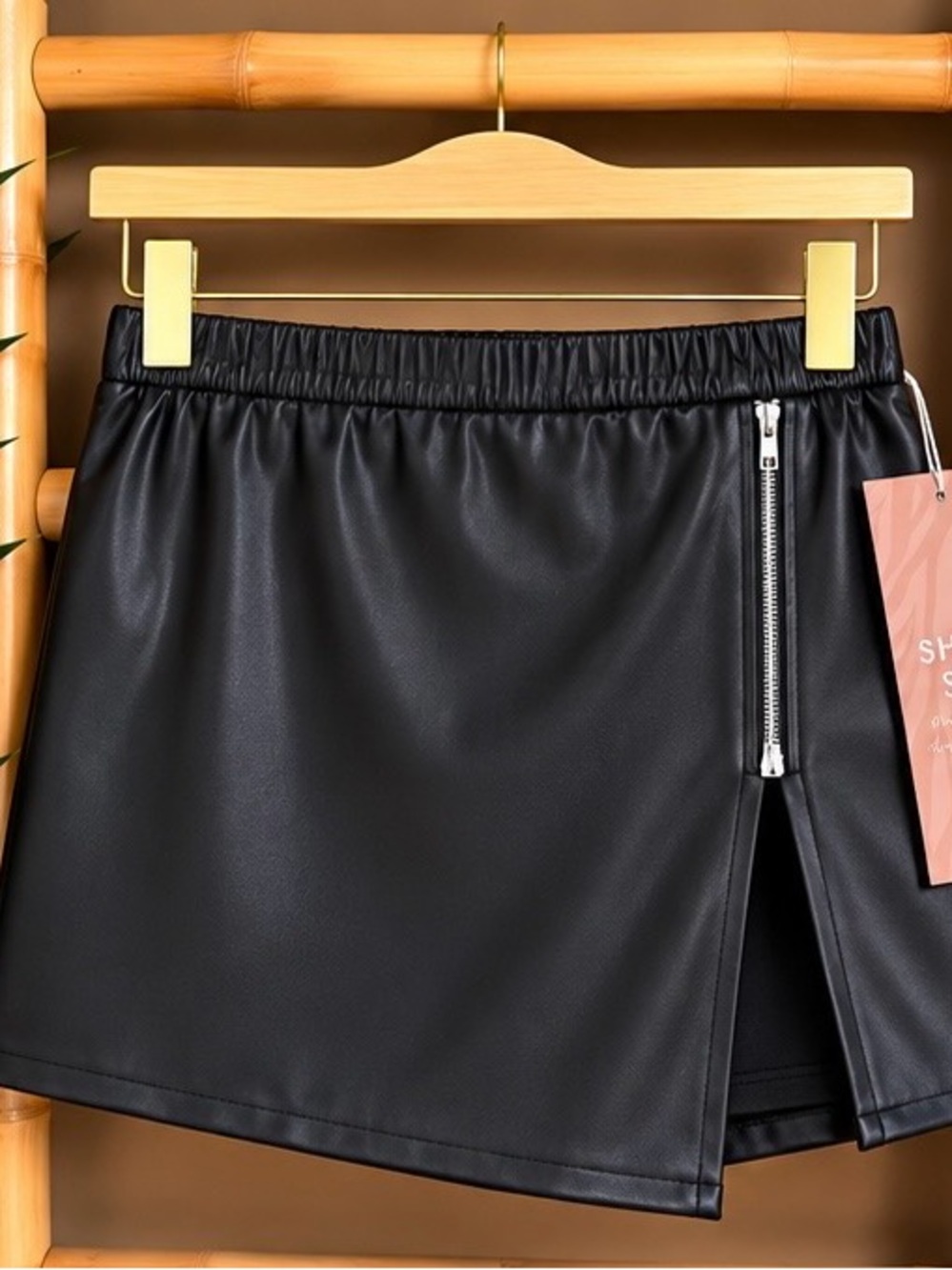 SHEIN SXY Black Faux Leather Zip Front Skort Shorts NWT